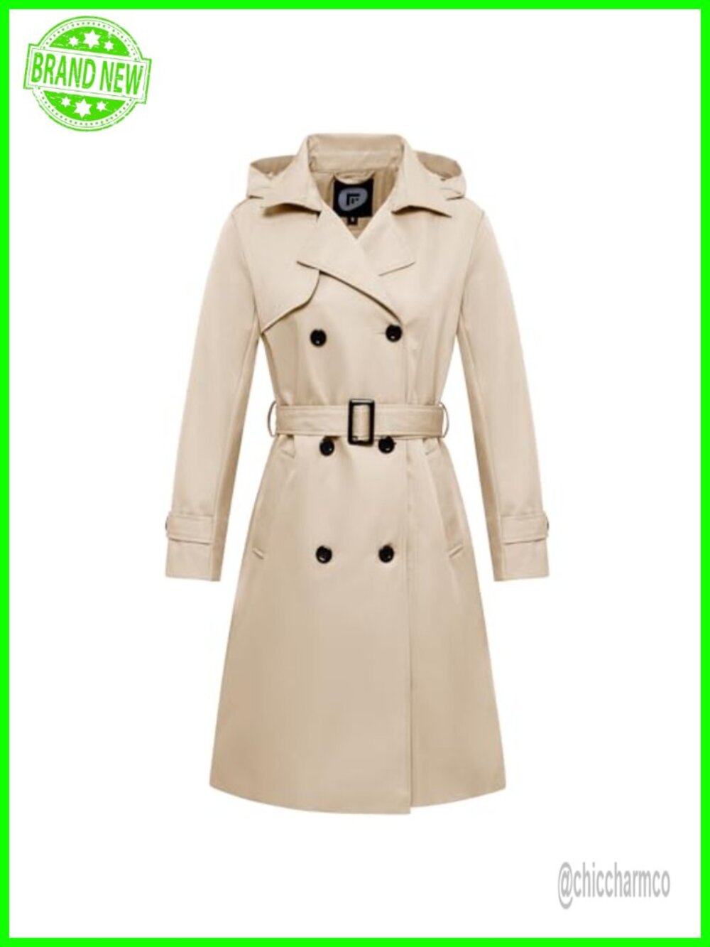 Women's Long Waterproof Trench Coat Double Breasted Belted Detachable Hood